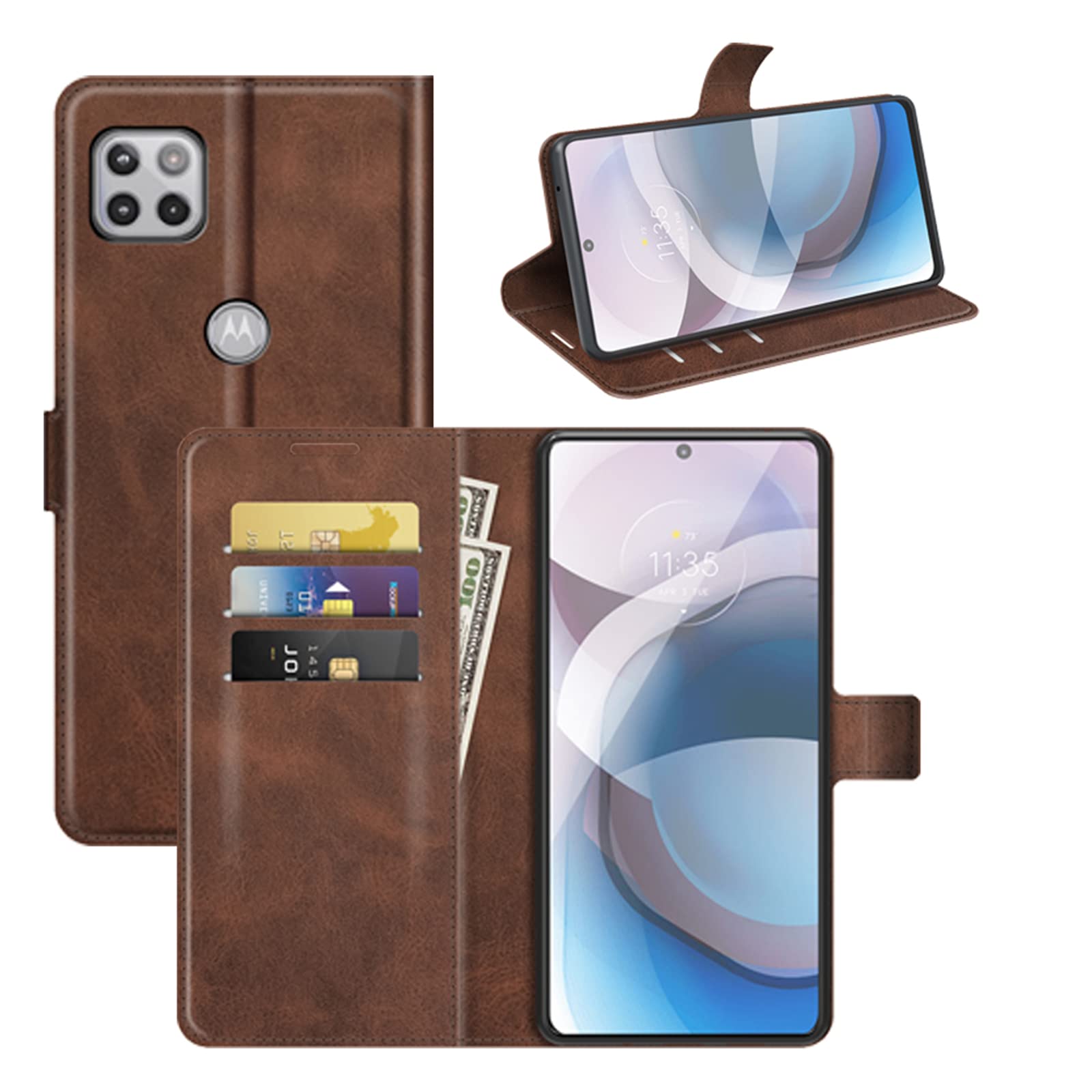 Flip Case for Motorola One 5G UW Ace Wallet Leather Magnetic Protective Cellphone Case for Moto One 5G Ace 2021 / Moto G 5G Folio Book Cover & Stand (Brown)