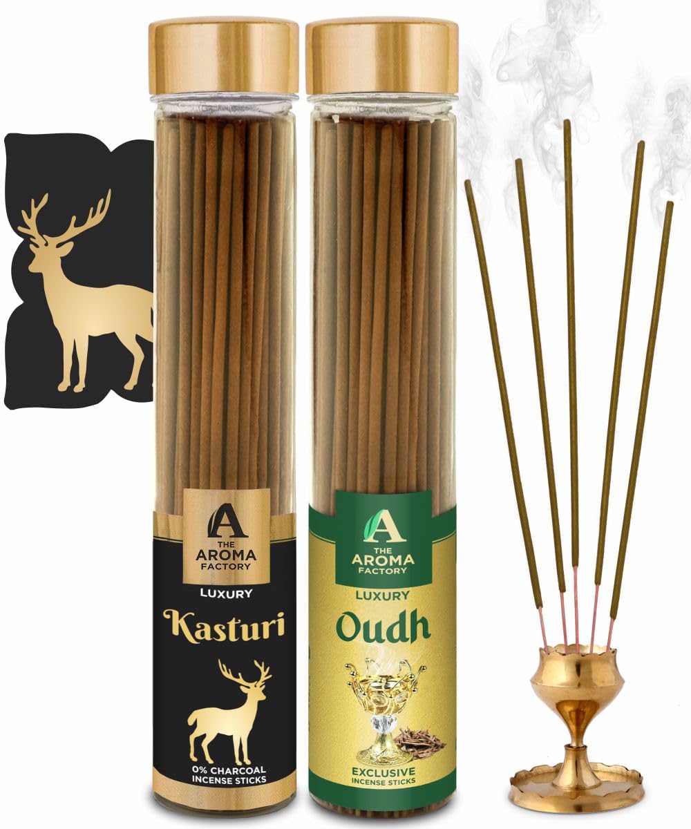 The Aroma Factory Bastoncini di incenso biologico Kasturi Musk, Oudh (erbe agarbatti per Pooja) 0% carbone, 0% zolfo, 2 bottiglie da 100 g