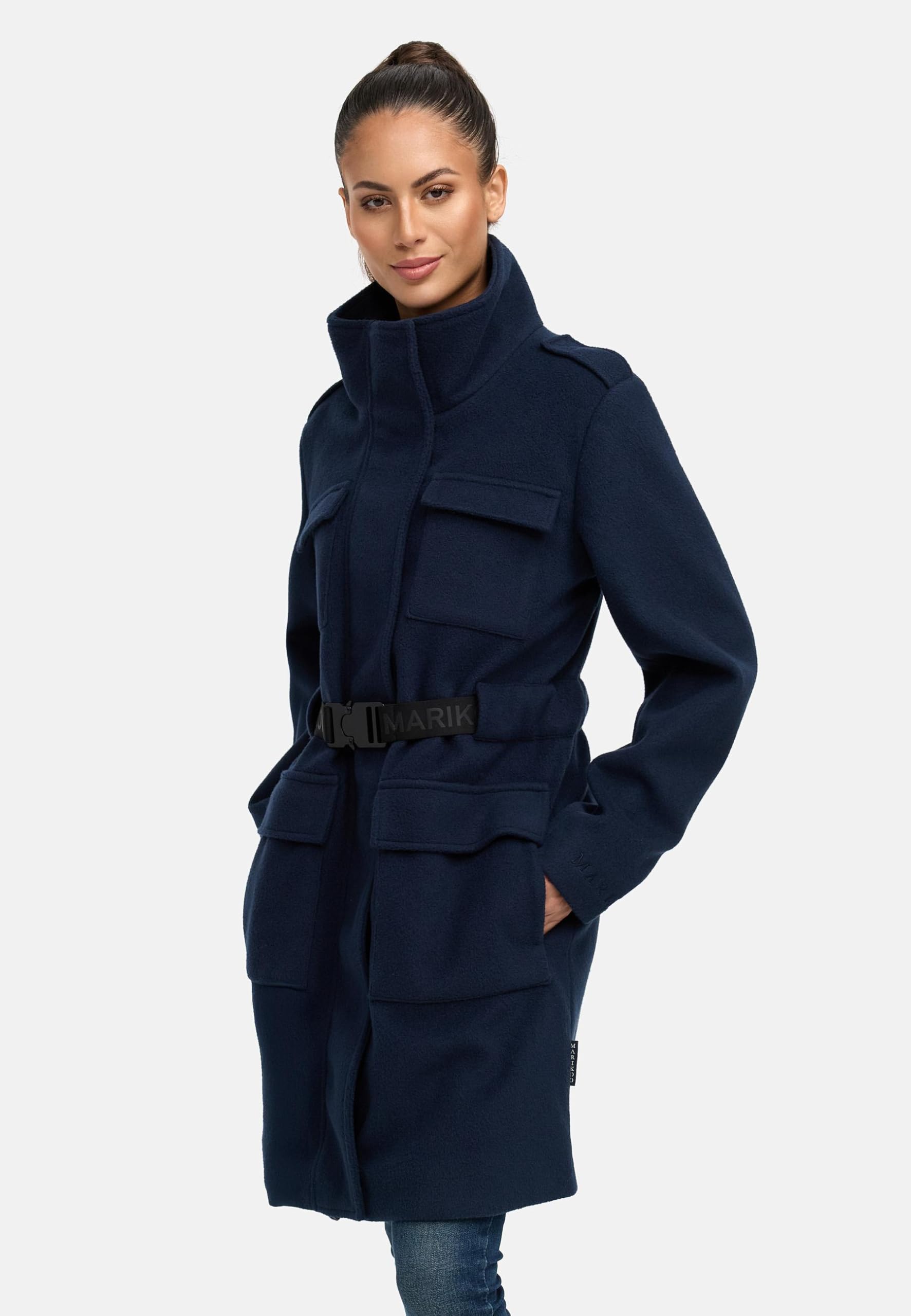 MARIKOO Damen lange Übergangsjacke Kurzmantel in Woll-Optik mit Taillengürtel Tanokoo 16 XS-XXL
