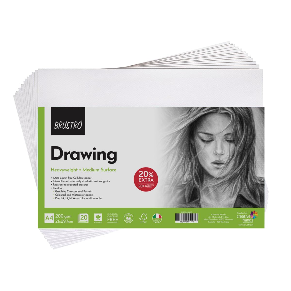BRUSTRO Drawing Papers | 200 GSM, A4, Pack of 24 (20+4 Sheets) | Ideal for Students and Adults, School, Coloring, Professional Art, Craft, Graphite, Charcoal, Pastels, Sketching, Shading, Drawing