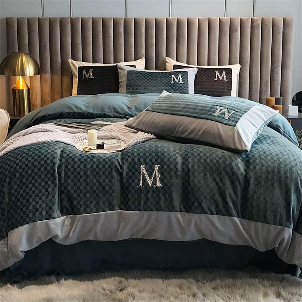 Autumn and Winter Jacquard Milk Velvet Four Piece Warm Coral Velvet Bed Linen Embroidered Duvet Cover Bedding (Color : Blue, Size : 1.5m) (Blue 1.5m) (Blue 1.5m)