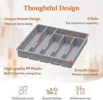 Lifewit Cutlery Tray for Drawers, Cutlery Organizer, Kitchen Drawer Organizer, Compact Cutlery Insert, Plastic Utensil Holder, for Spoons, Forks, 6 Compartments, Gray