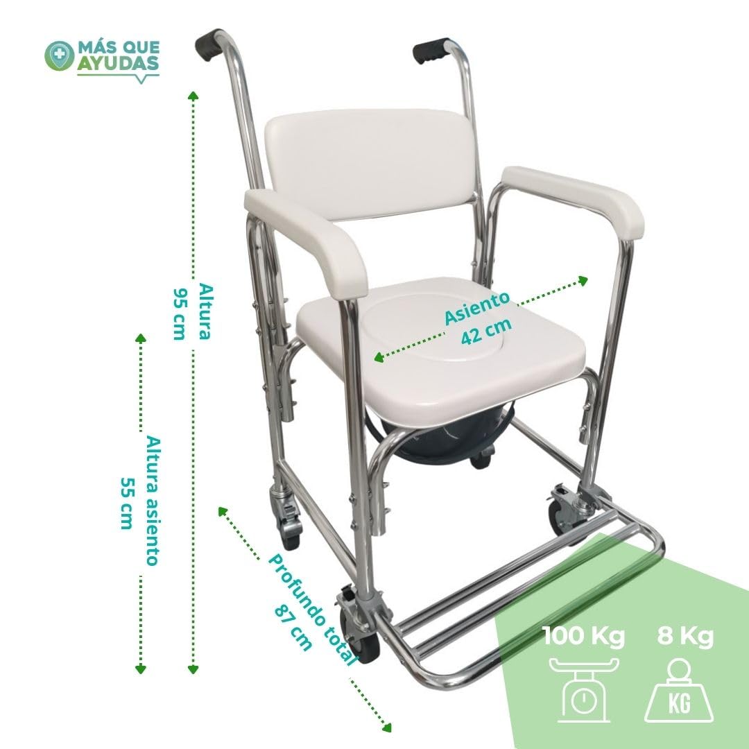 Silla de aluminio con inodoro y ruedas para WC y ducha | Reposapies Abatible y Bloqueo de las 4 Ruedas | Se Ajusta encima de casi todos los WC