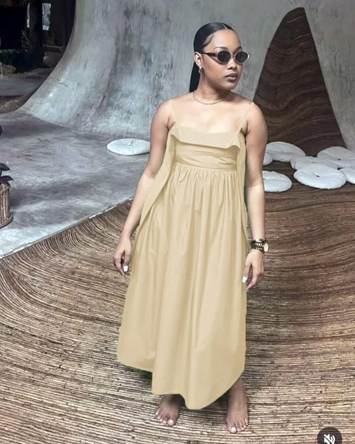 Image of YUEWOO Midi Dresses for Women Casual Summer Sundresses Vacation Outfits Spaghetti Strap Smocked Women Maxi Dress with Pockets