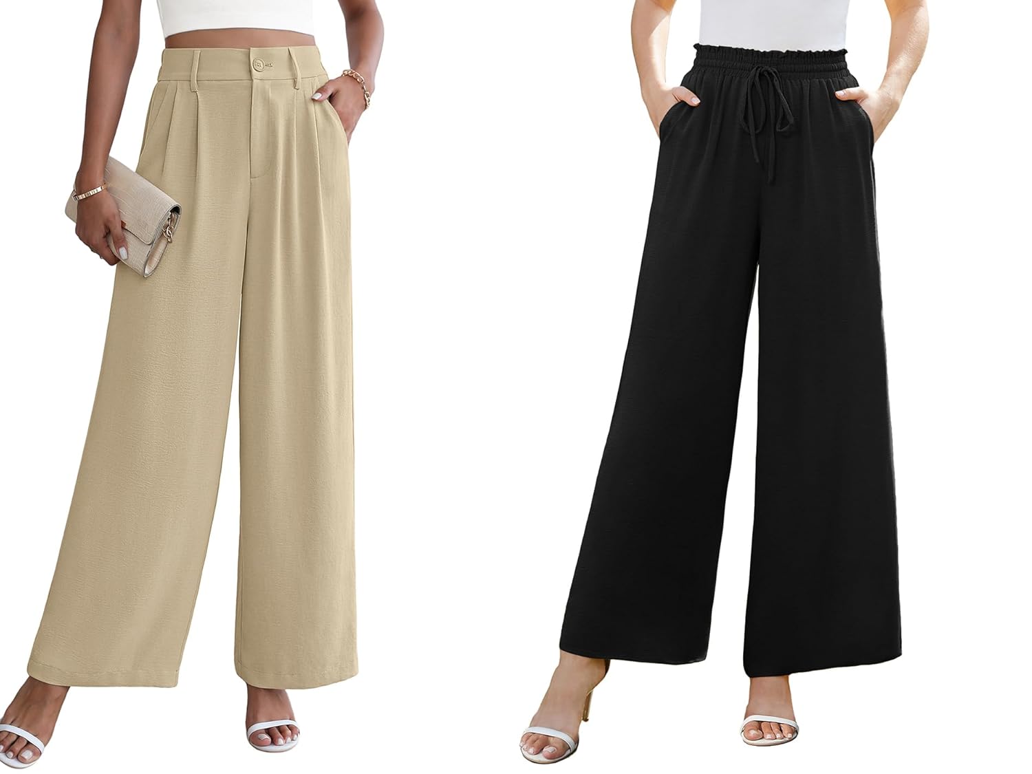 CZYINXIAN Womens Casual High Waisted Wide Leg Pants and Womens Flowy Adjustable Tie Knot Elastic Waist Pants X-Large