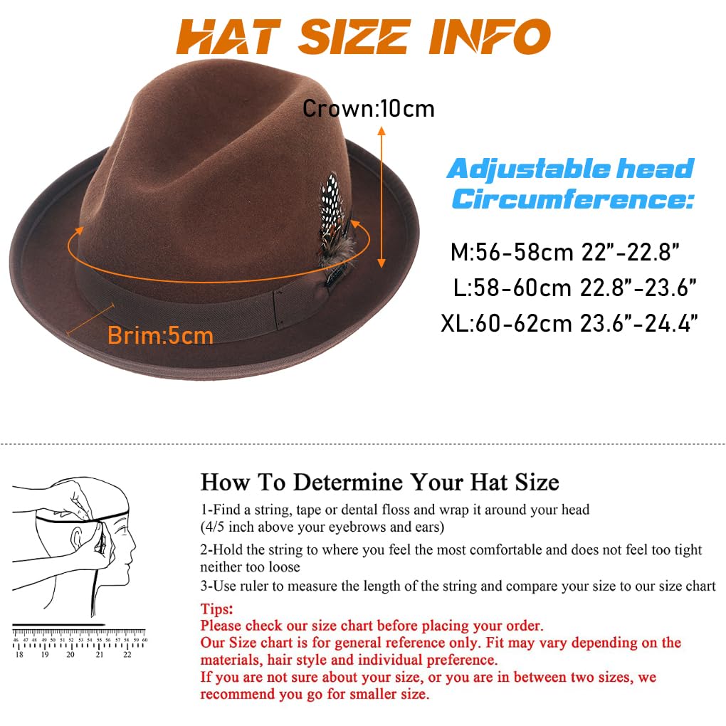 Ruphedy Sombreros Fedora de lana para hombres y mujeres, sombrero de fieltro de ala ancha