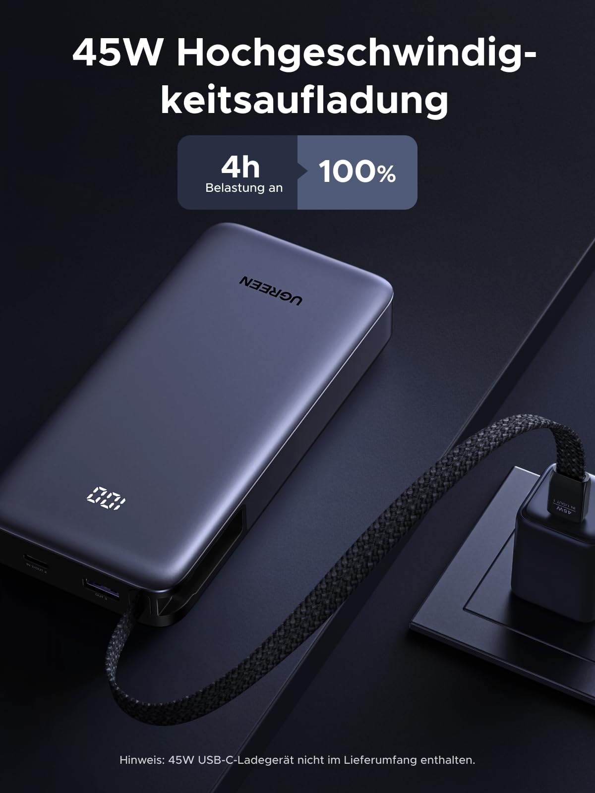 UGREEN Power Bank, 20000mAh 45W Schnellladen mit Integriertem USB-C Kabel & Bidirektionalem 45W PD, Externe Handyakkus Kompatibel mit Galaxy S25 Ultra/S25+, iPhone 17/16 Serie, iPad, Laptop und mehr