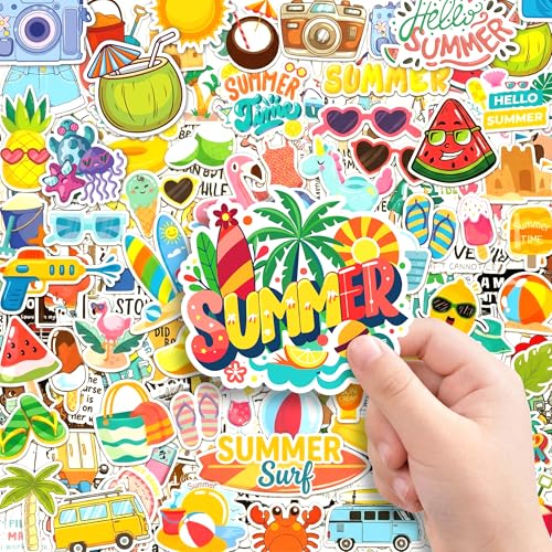LINAYE 150Pcs Summer Beach Stickers Vinyl Waterproof Non-Repeating Adhesive Summer Hawaiian Tropical Stickers Decals Bulk for Water Bottles Planner Luggage Laptop Summer Party Favors for Kids Adults
