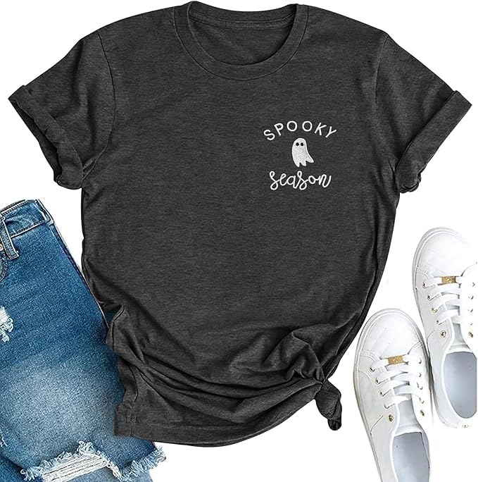 Halloween Shirts for Women Cute Ghost Embroidered Shirt Spooky Season Letters Printed T-Shirt Fall Tee Top