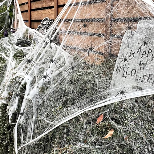100g Spinnennetz Halloween Deko Outdoor Innen mit 20 Spinnen Weiß Halloween Deko Spinnennetz für Garten Häuser Party
