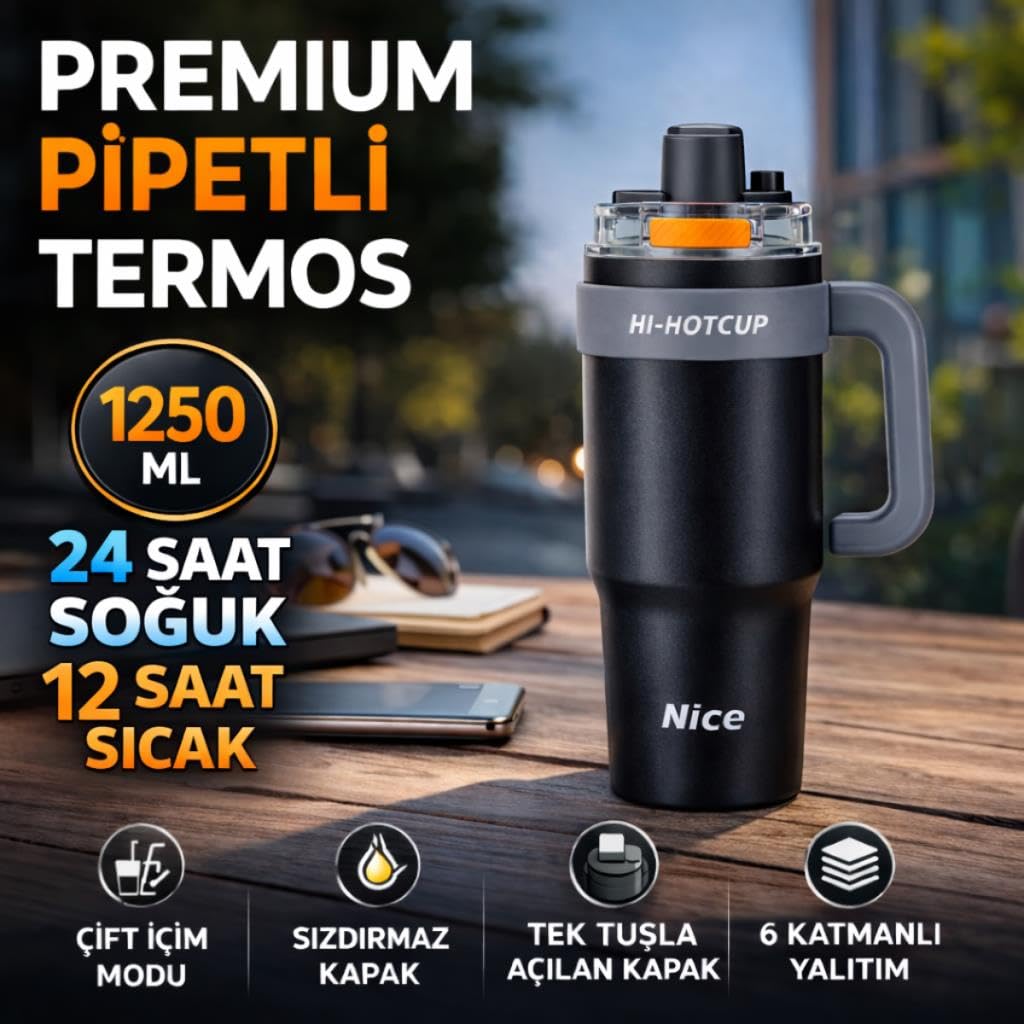 Coofbe 42 Oz 6 Katman Paslanmaz Çelik Termos 1250ML Çift İçim Modlu Pipetli Termos Çift Katman Çelik Termos Mug Gümüş