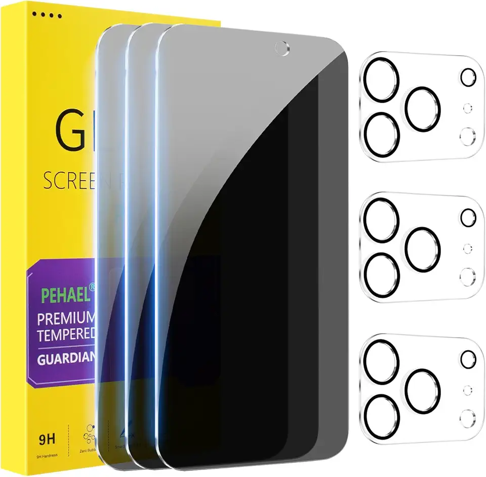 PEHAEL 3+3Pack for iPhone 17 Pro Max Privacy Screen Protector with Camera Lens Protector Full Coverage Anti-Spy Tempered Glass Film 9H Hardness Easy Installation Bubble Free [6.9 inch]