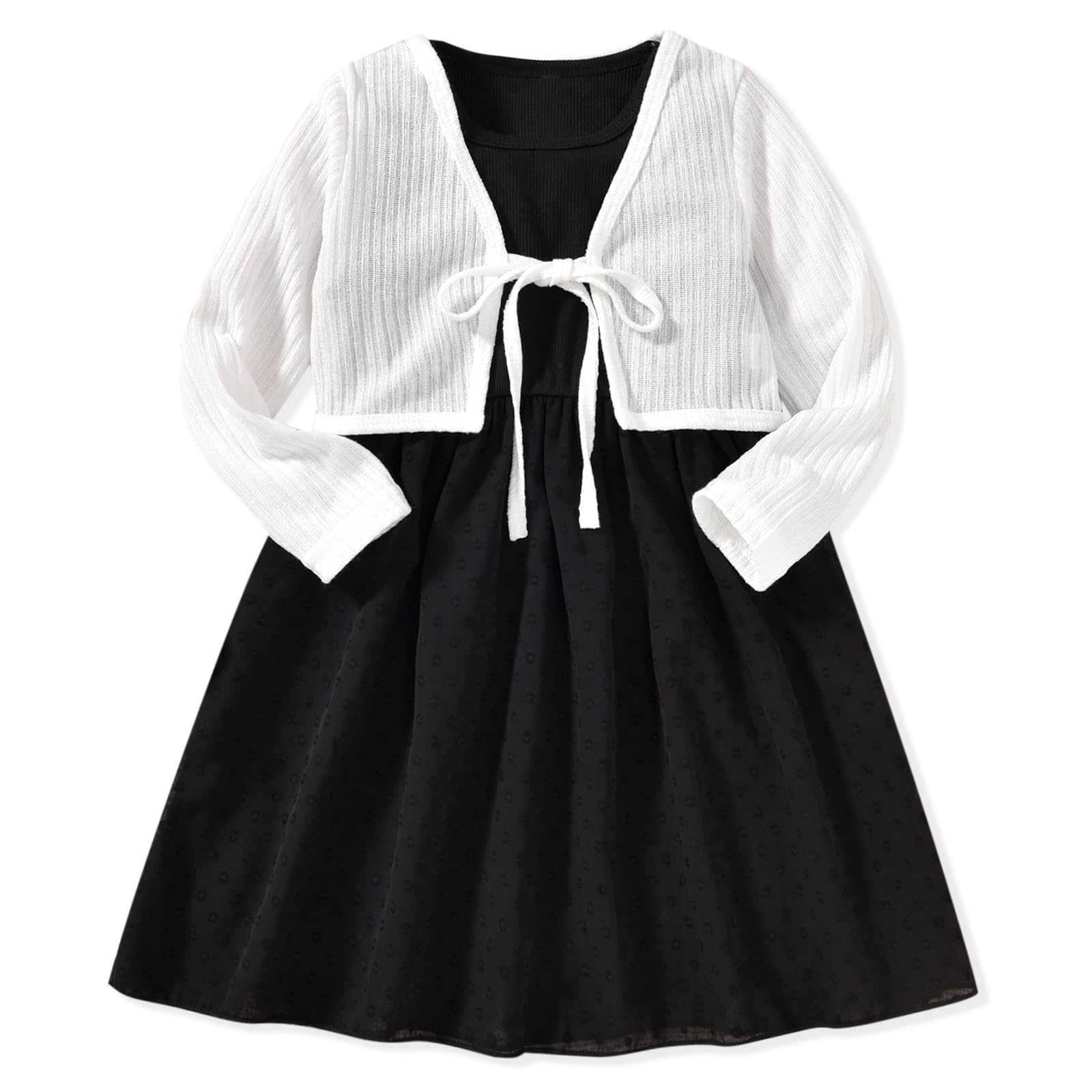 Toddler Girls Solid Sleeveless Swiss Dots Dress and Long Sleeve Knit Tie Front Cardigan Set 2 Pieces Outfits