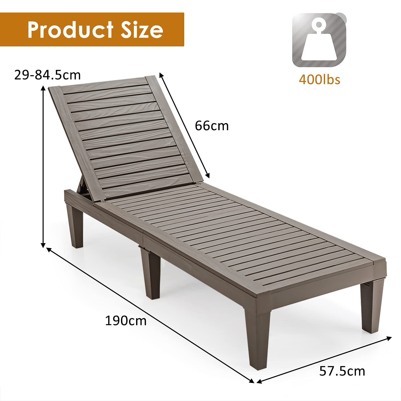 RELAX4LIFE Chaise Longue de Jardin, Bain de Soleil avec Dossier Inclinable sur 5 Positions, Chaise Longue d'extérieur en PP Durable pour Piscine, Terrasse, Plage, 190 x 57,5 x (29-84,5) cm (Café)