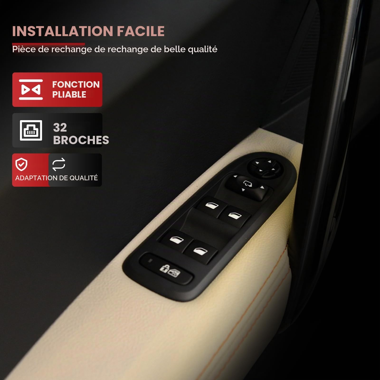 32 Broches Interrupteur de Lève Vitre pour 308 508 C5, 96644917XT Fonction Rétroviseur Rabattable Électrique Confortable Bouton Vitre de Fenêtre 96631328XT 96660257XT 96644915