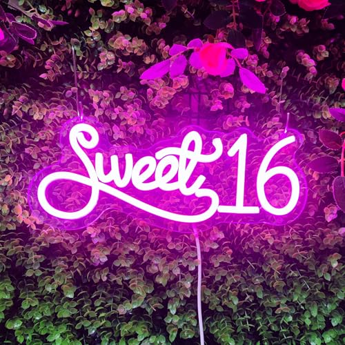 Image of Sweet 16 Neon Signs for Wall Decor, Sweet Sixteen Party Decorations Sweet 16 Neon Sign Sweet Sixteen Decorations LED Light Sign for Birthday Party Commemorative, 13.3 inch x 5.59 inch