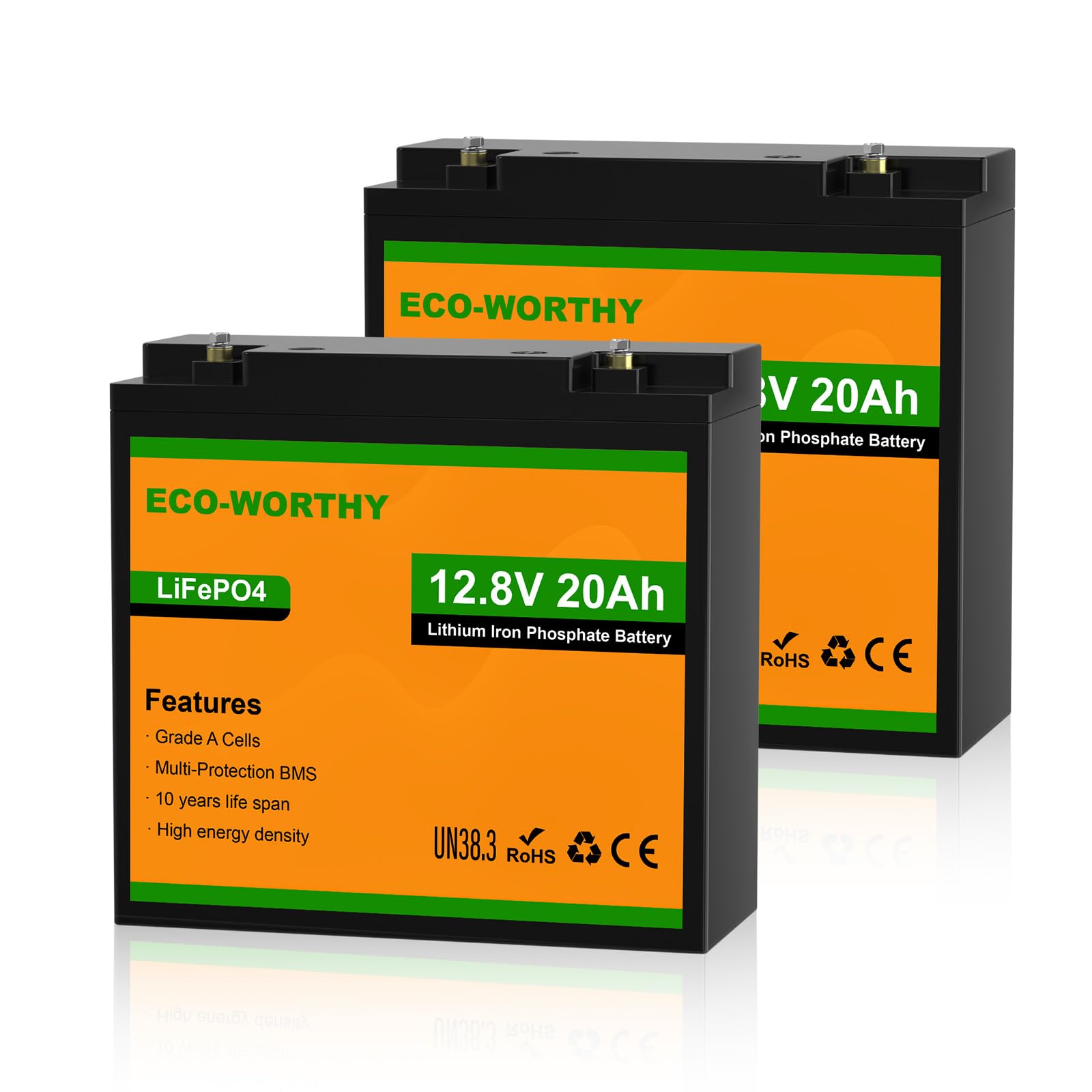 ECO-WORTHY 2 Pack 12V 20Ah Lithium Battery, 3000+ Deep Cycle Rechargeable LiFePO4 Lithium Ion Phosphate Battery with BMS for Trolling Motor, Fish Finder, Kids Scooters, Power Wheels, Outdoor Camping