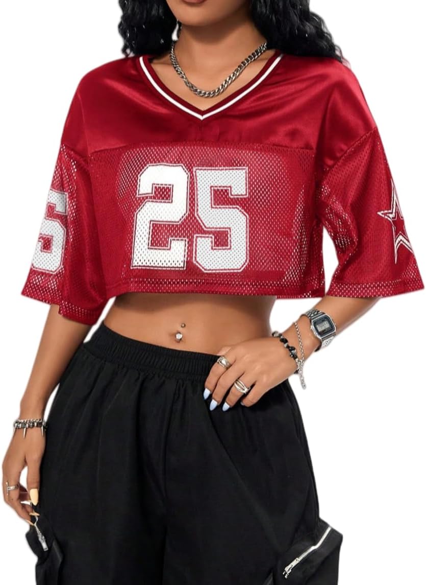 QJQ Jersey Shirts for Women Y2K Crop Tops Streetwear V Neck Half Sleeve Graphic T Shirts Football Soccer Tee Tops