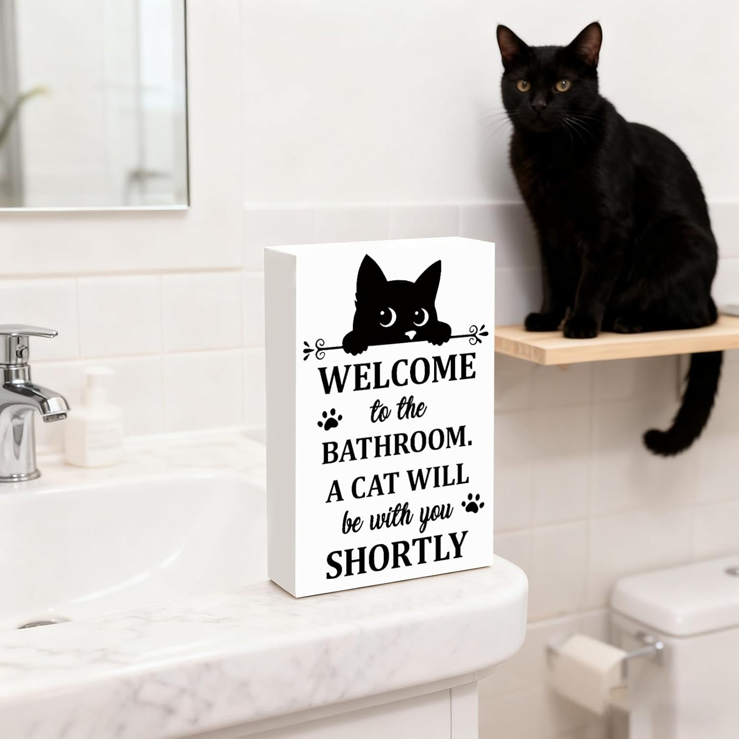 Vintage Black Cat Bathroom Signs Decor Funny Wooden Cat Art Desk Decor Retro Bathroom Art Welcome To The Bathroom Sign For Restroom - Image 2