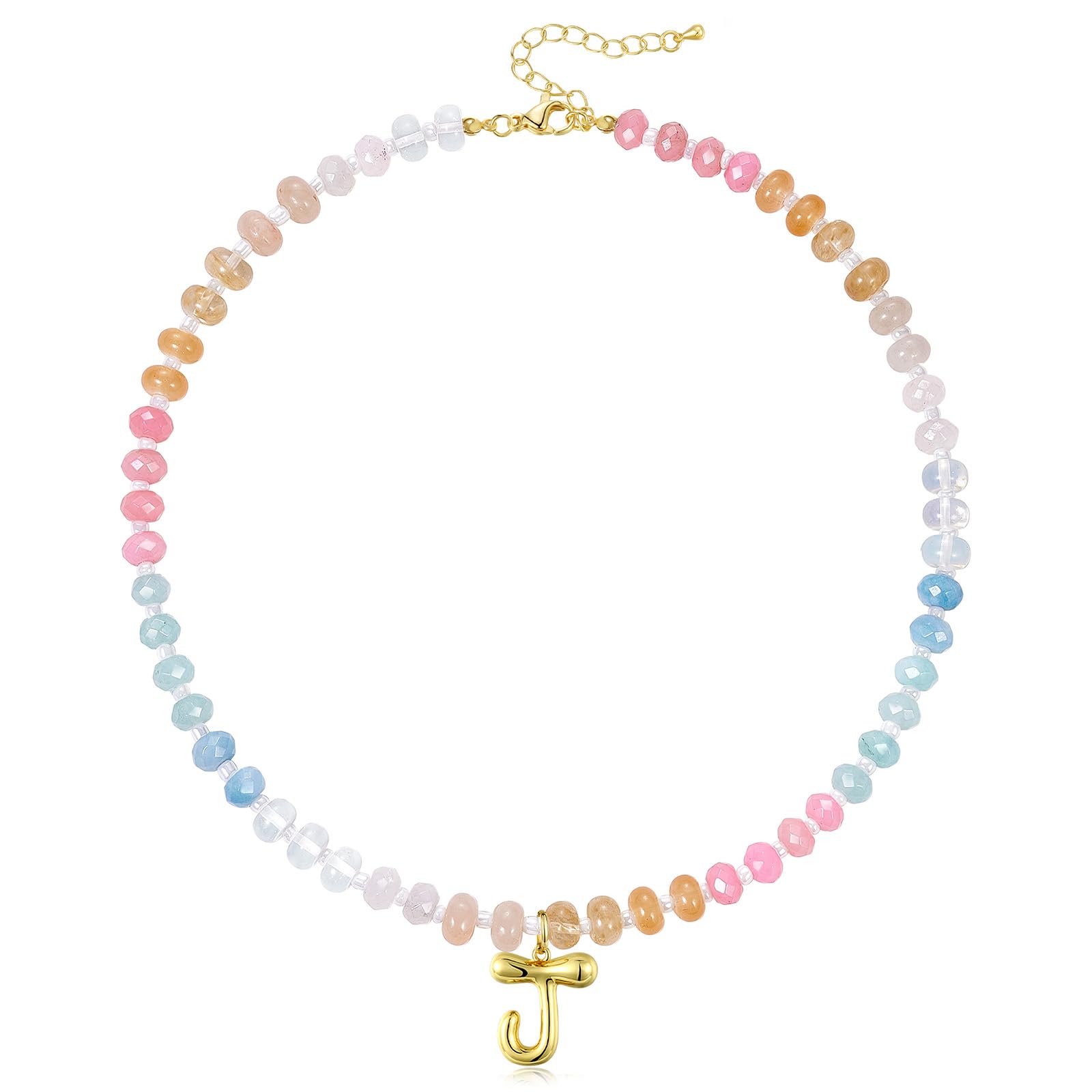 KissYan Initial Necklaces for Women, Colorful Beaded Gemstone Choker 14K Gold Bubble Letter Pendant Necklace Natural Stone Summer Beach Handmade