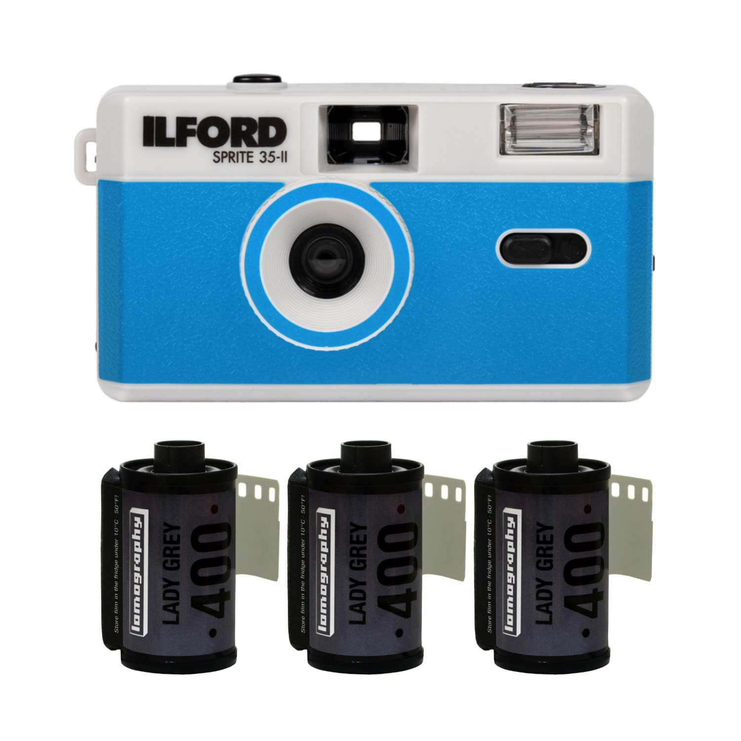 Ilford Sprite 35-II Reusable/Reloadable 35mm Analog Film Camera (Silver & Blue) Bundle with 3-Pack L