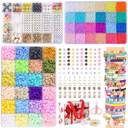 SJZWSD Friendship Bracelet Kit - 13000pcs Polymer Clay & Glass Seed Beads, 48 Colors, 6mm Heishi & 416 Letters Beads for Bracelet Making & Friendship Bead Creations