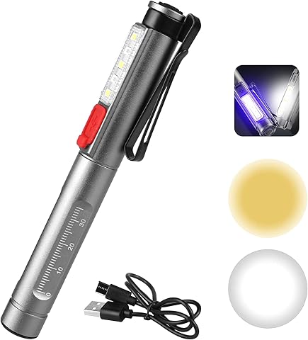 Linterna Bolígrafo Médica LED Recargable, 2 Fuentes de Luz, Medidor