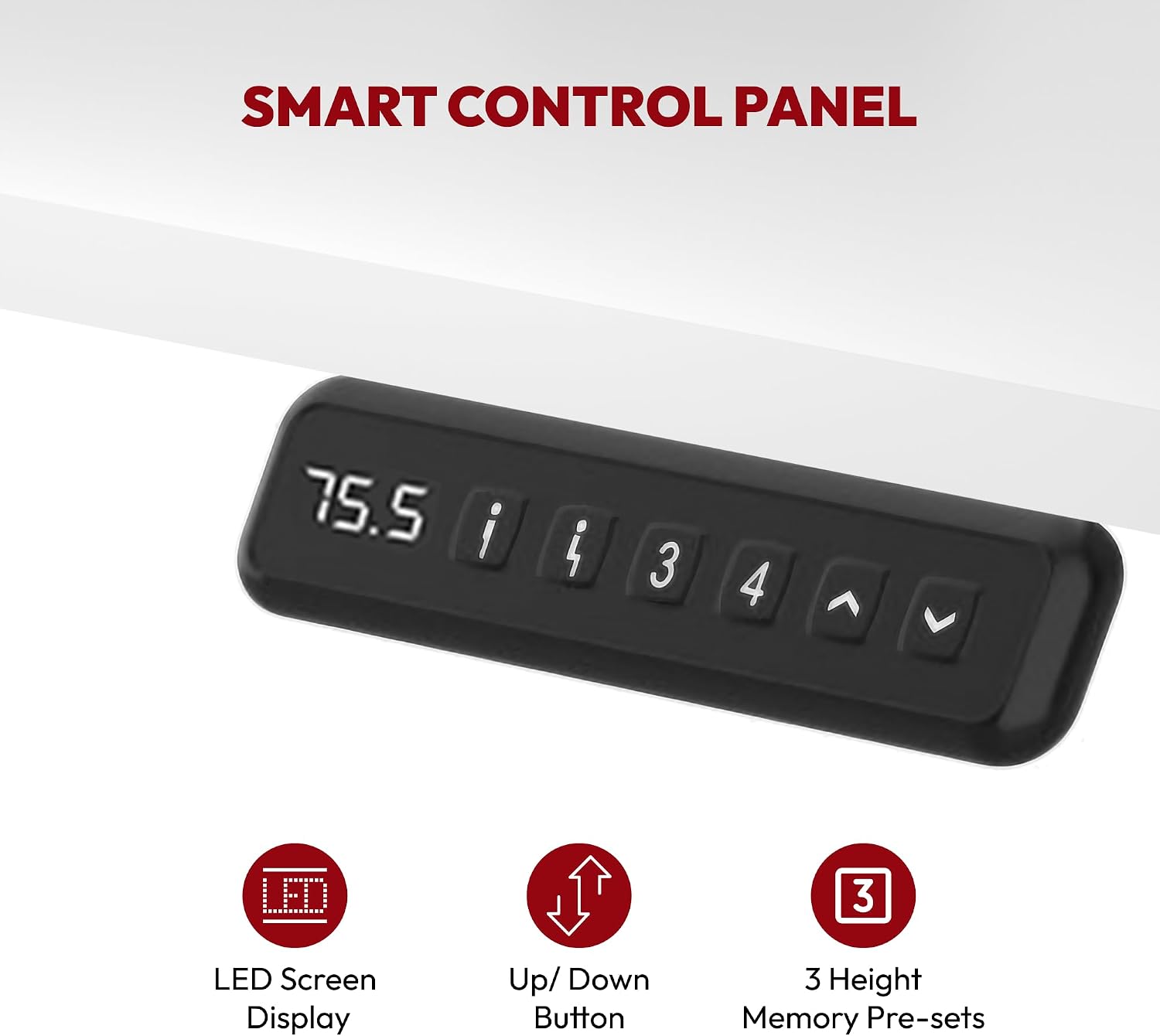 Close-up of the smart control panel with an LED screen displaying '75.5' and buttons for up/down adjustment and three memory presets (1, 3, 4).