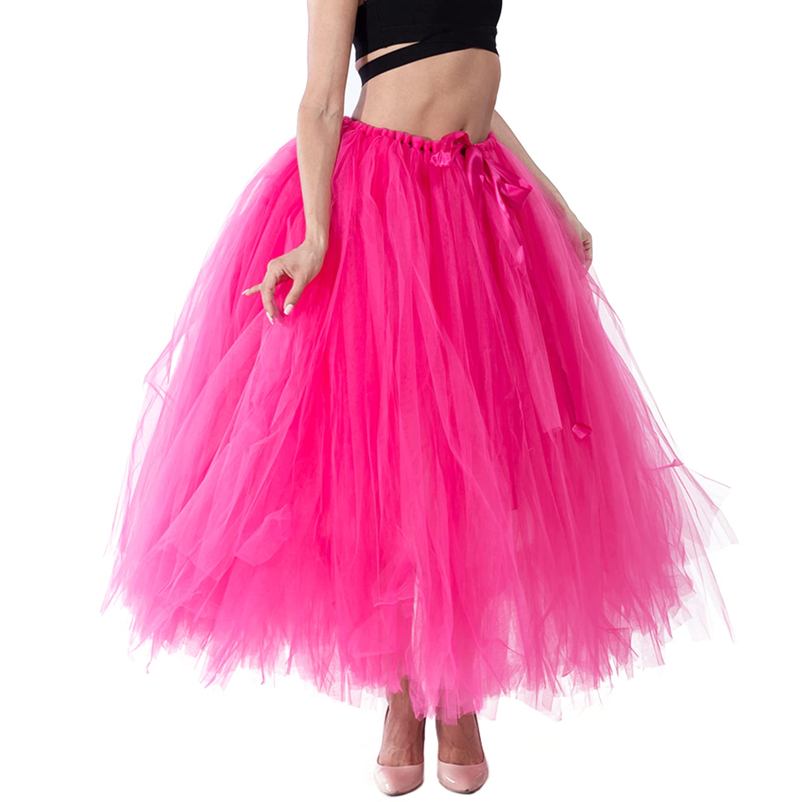 Falda larga tutú de cintura alta con capas de tul maxi faldas hinchadas hasta el suelo, boda, fiesta, con cinturón Bowknot, Rosa Roja, Talla única