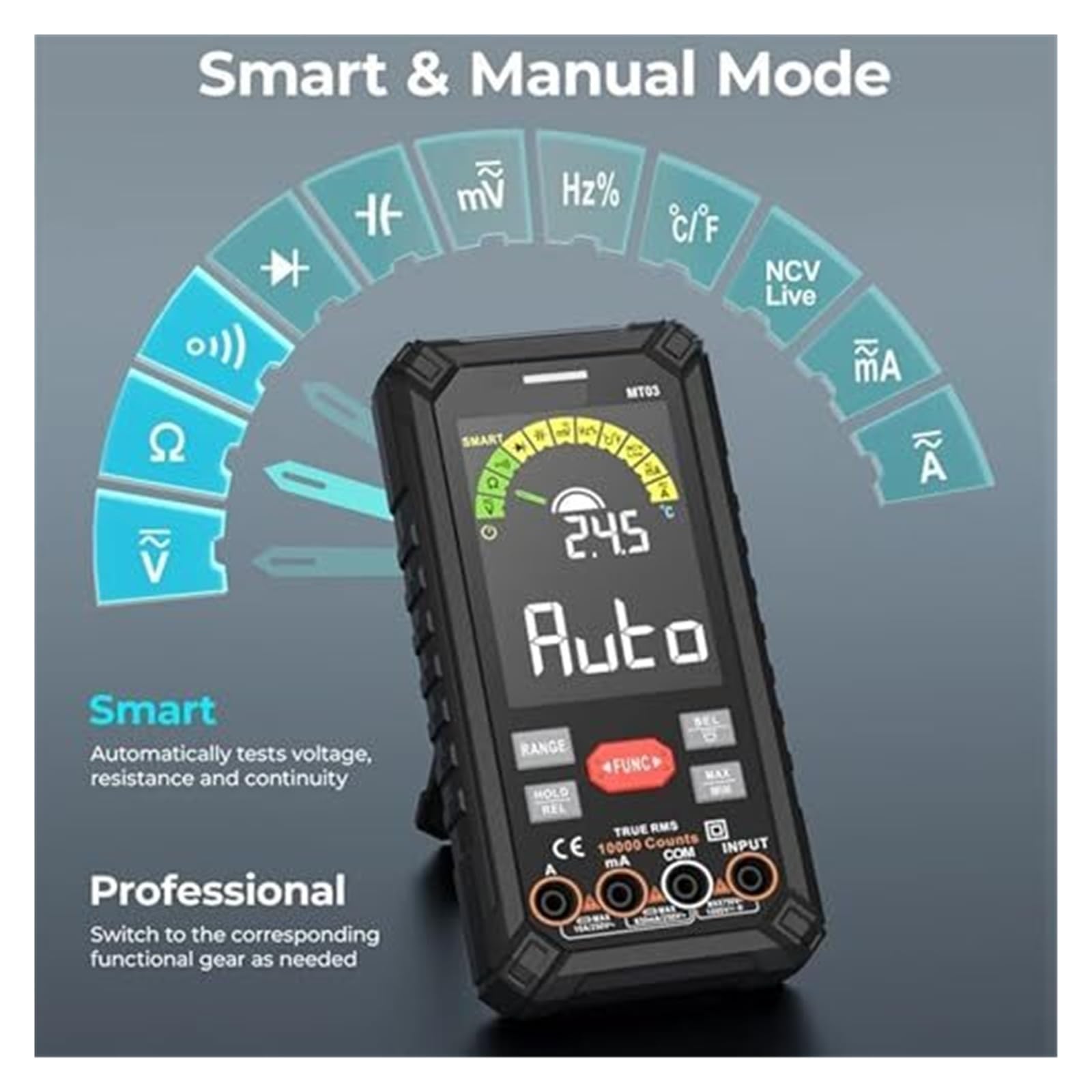 Inteligentny multimetr akumulatorowy MT03, 10000 zliczeń, automatyczny zakres, True RMS, 1000 V, 10 A Tester do testów elektrycznych