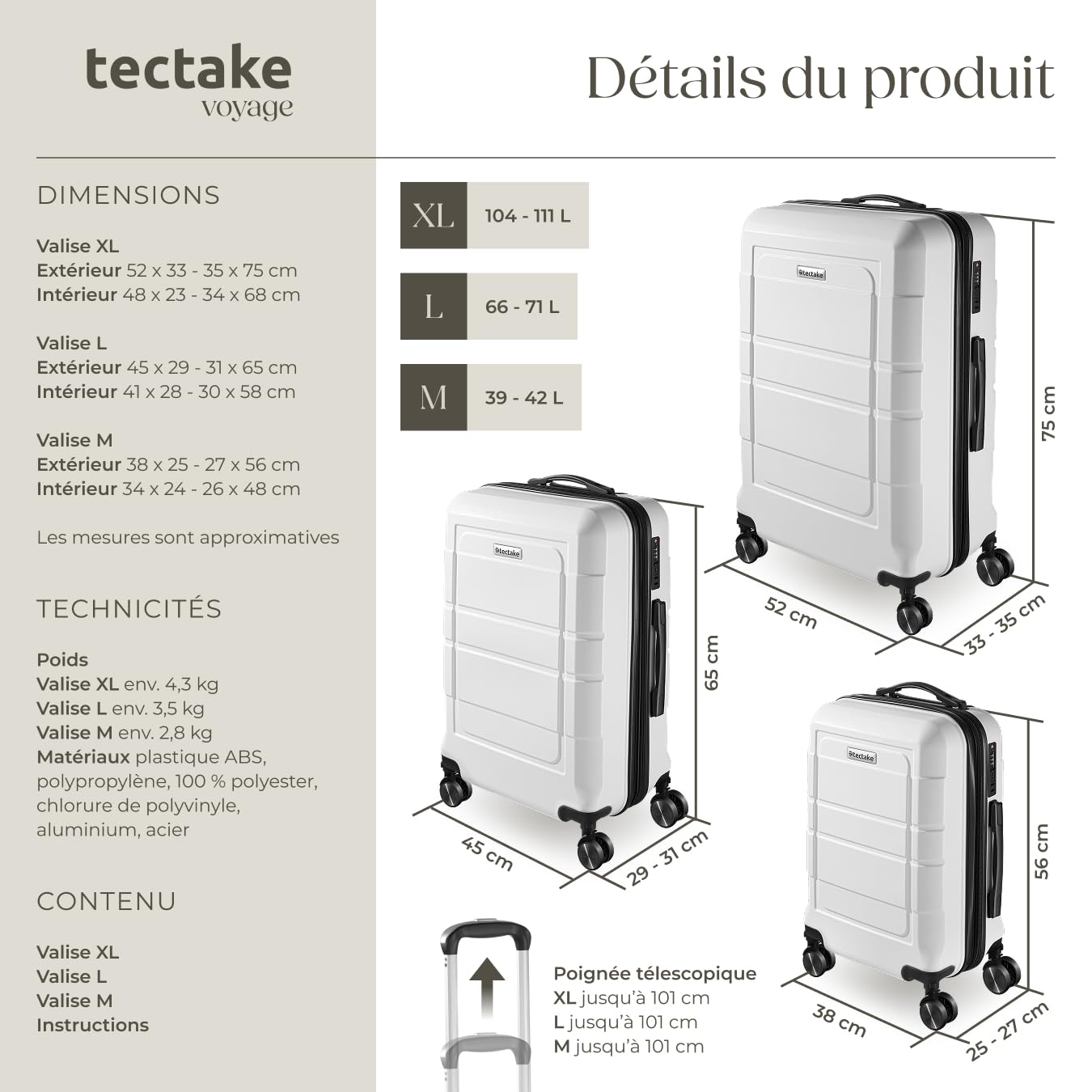 tectake® Set de Valises de Voyage 3 Pcs. Serrure à Combinaison Valise Grande Taille Valise soute et Cabine Petites Valises Sacs de Voyage Maternité ABS avec roulettes 360° Poignée télescopique