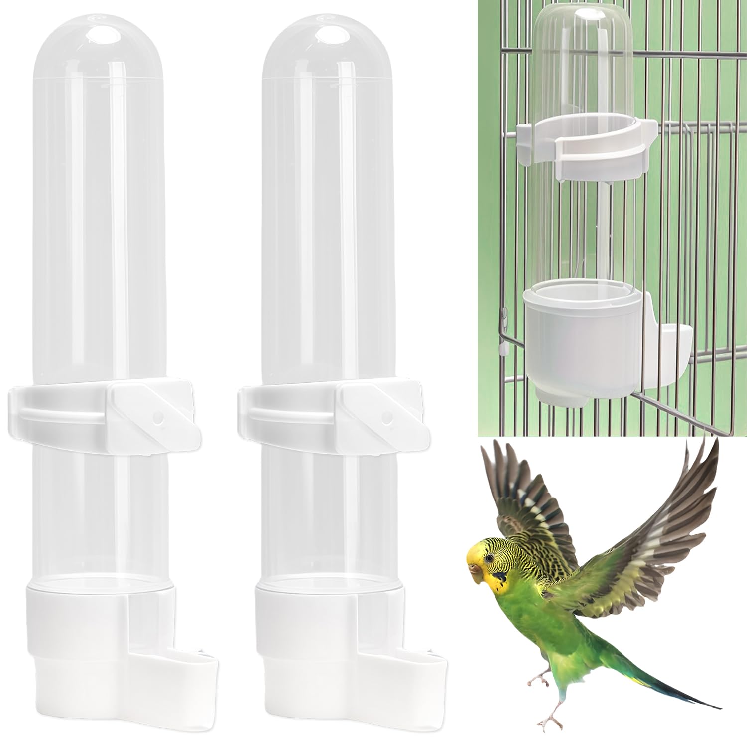 Mangiatoia per uccelli, 2 pezzi Distributore automatico di acqua per uccelli per pappagalli, parrocchetti, parrocchetti e calopsitte, Abbeveratoi per gabbia per uccelli Capacità 120 ml (bianco)