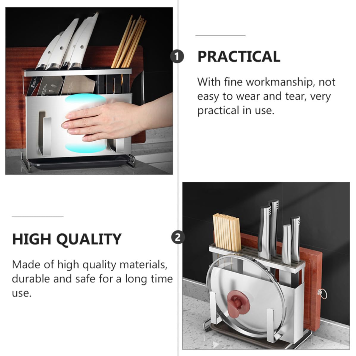 POPETPOP Support de Rangement en Acier Inoxydable pour Couteaux et Baguettes Planche à Découper et Porte-couvercle, Facile à Nettoyer Organiser Cuisine
