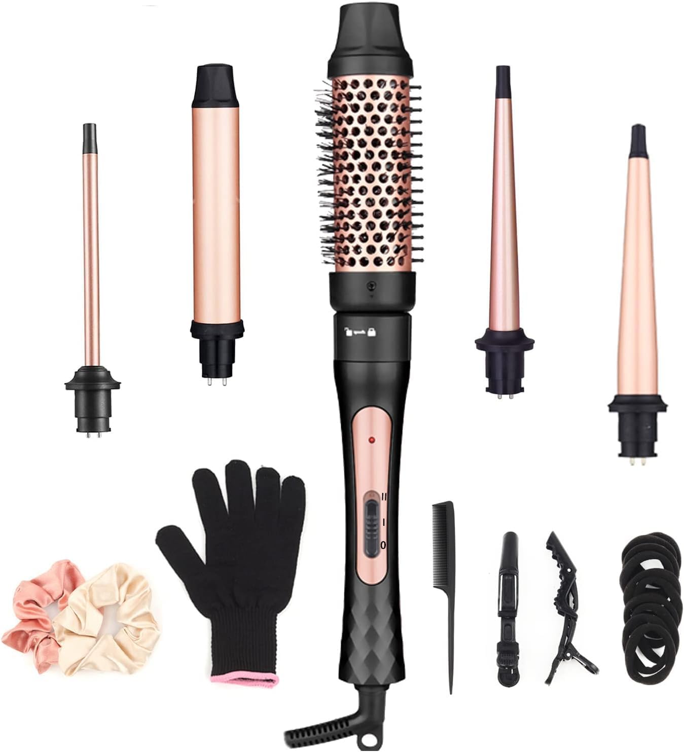 5 in 1 Curling Wand Set, Curling Iron with Curling Brush and 4 Interchangeable Ceramic Curling Wand(0.35”-1.25”), Fast Heating, Include Heat Protective Glove & 2 Clips