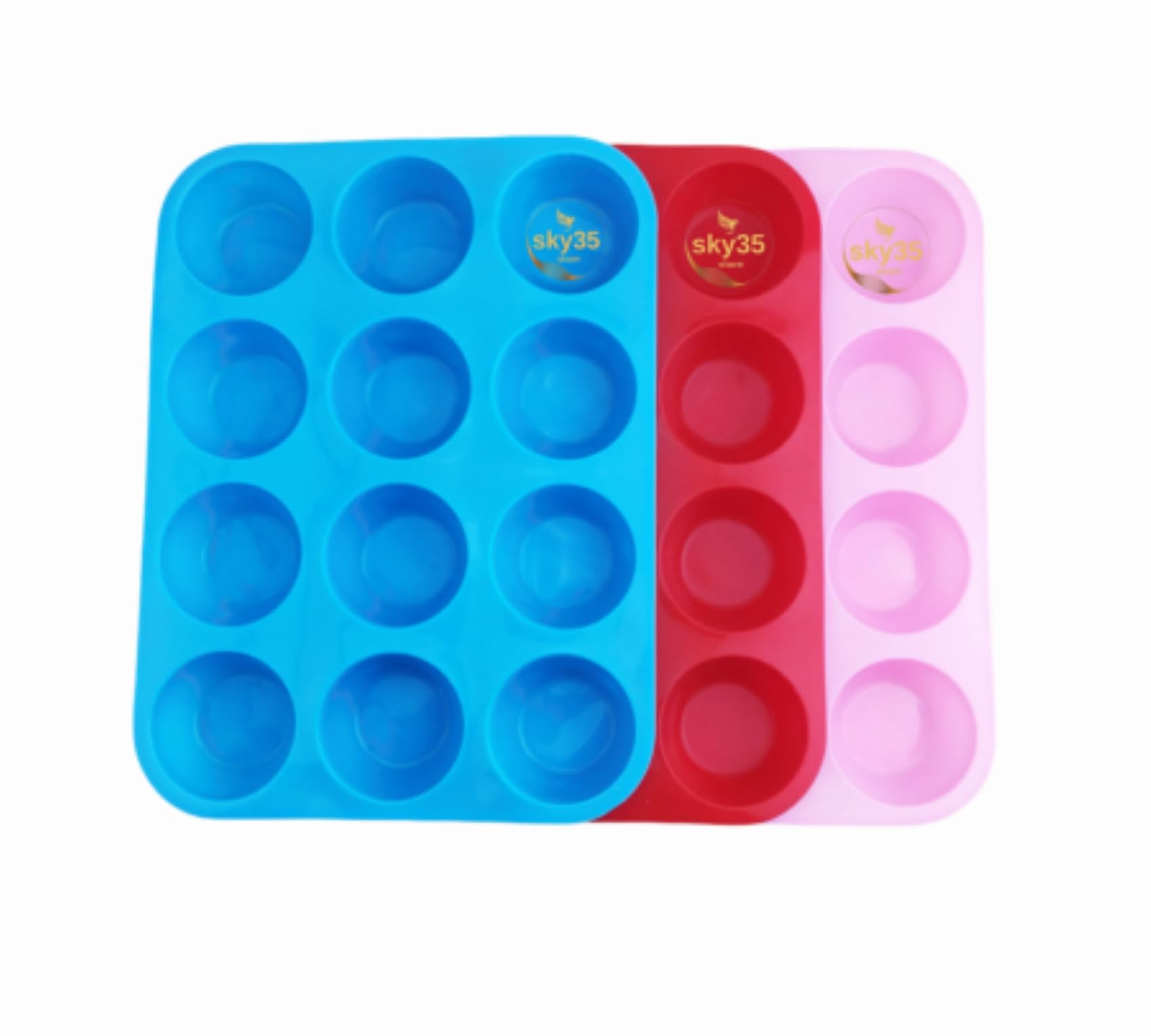 SKY35 12 Cups Silicone Muffin Pan - Set of 3 Pack Regular Size Silicone Mold - Set of 3 Mixed Colors Silicone Cake Pan - Cupcake Baking Pan/Non - Stick Silicone Mold - Dishwasher - Microwave Safe