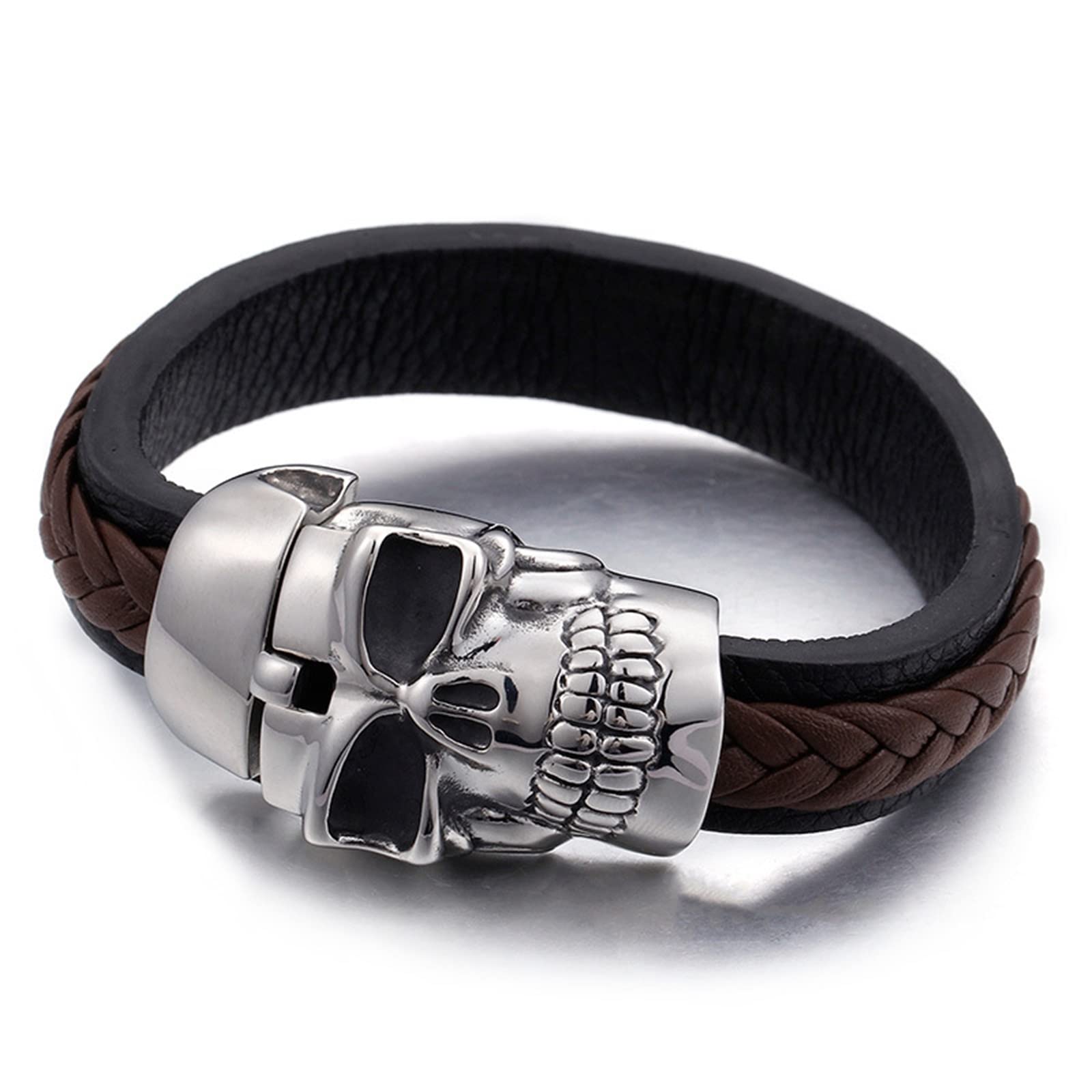 Bracelet Cuir, Bracelete Le Noir Acier Inoxydable Cuir Tressage de Panier Crâne Mariage Cadeau Bijoux Homme 22cmx15mm