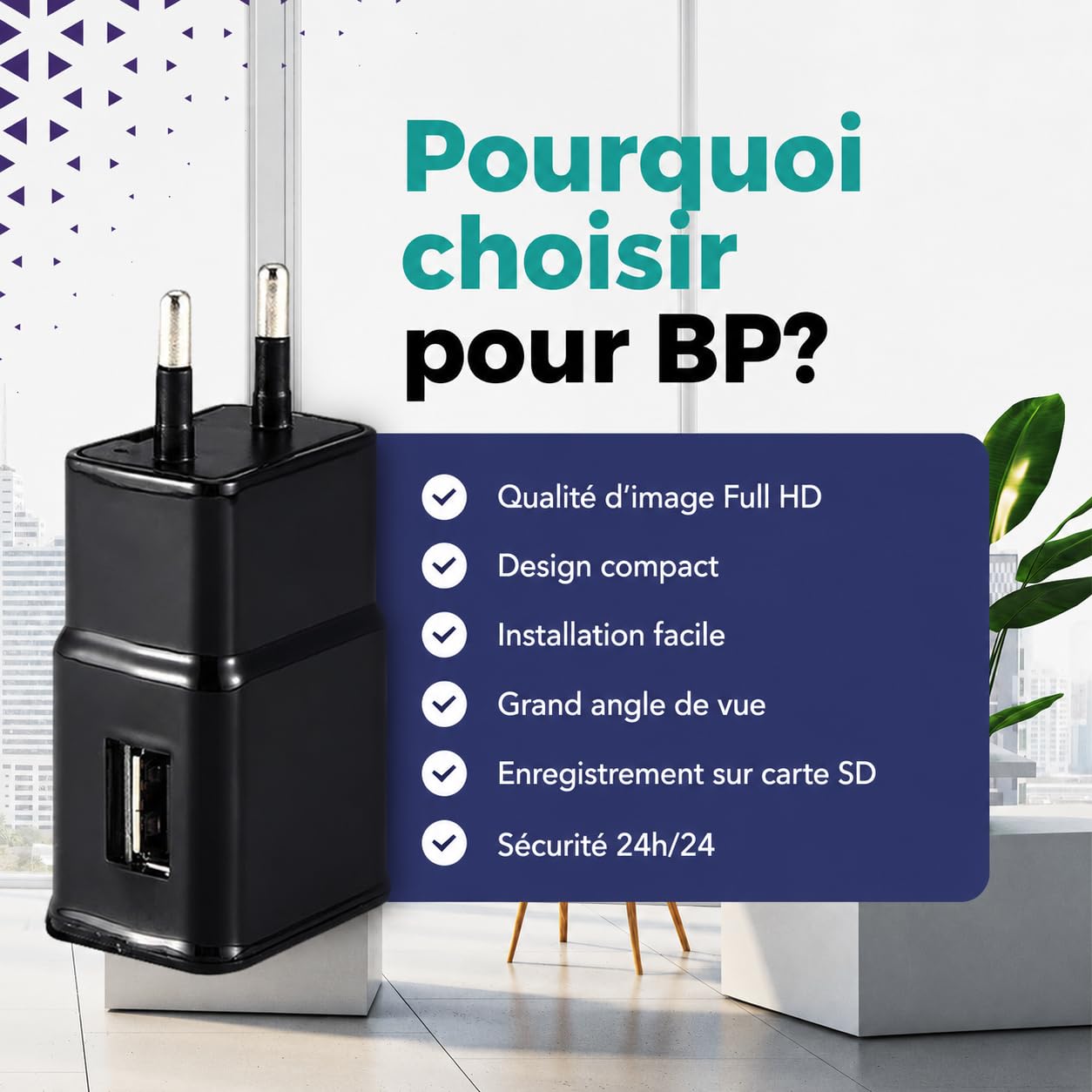 BP Adaptateur caméra espion avec WiFi - Caméra cachée - Mini caméra - Appareils d'écoute - Caméra d'espionnage - Fonctionne avec l'application - FULL HD 1080P - Avec carte SD de 32 Go - Manuel