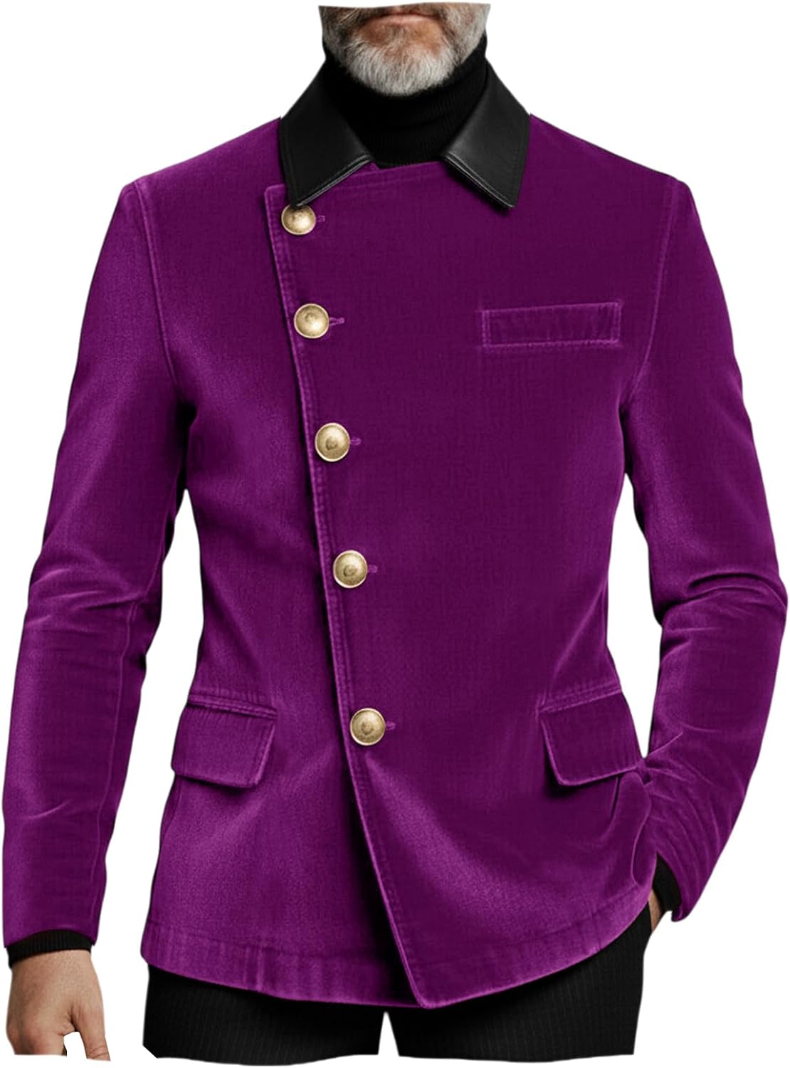 Mens Velvet Blazer PU Turndown Collar Jacket Asymmetric Button Fall Spring Business Casual Sport Coat