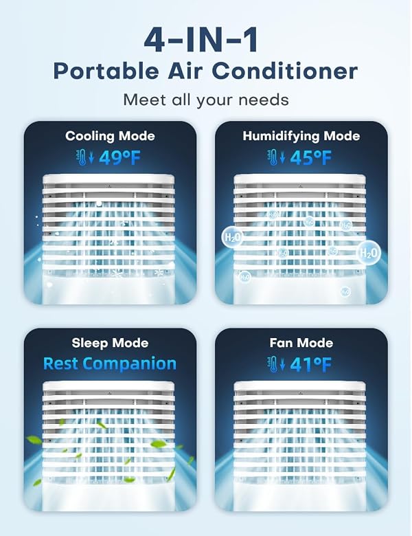 TEMEIKE 4-IN-1 Portable Air Conditioners, Evaporative Air Cooler w/ 4 Modes & 3 Speeds, 15H Timer for Smart Auto-off, 2-Gal Tank for 20H Cooling,17FT Remote,No Hose Needed,120°Oscillating Swamp Cooler by TEMEIKE - Image 4