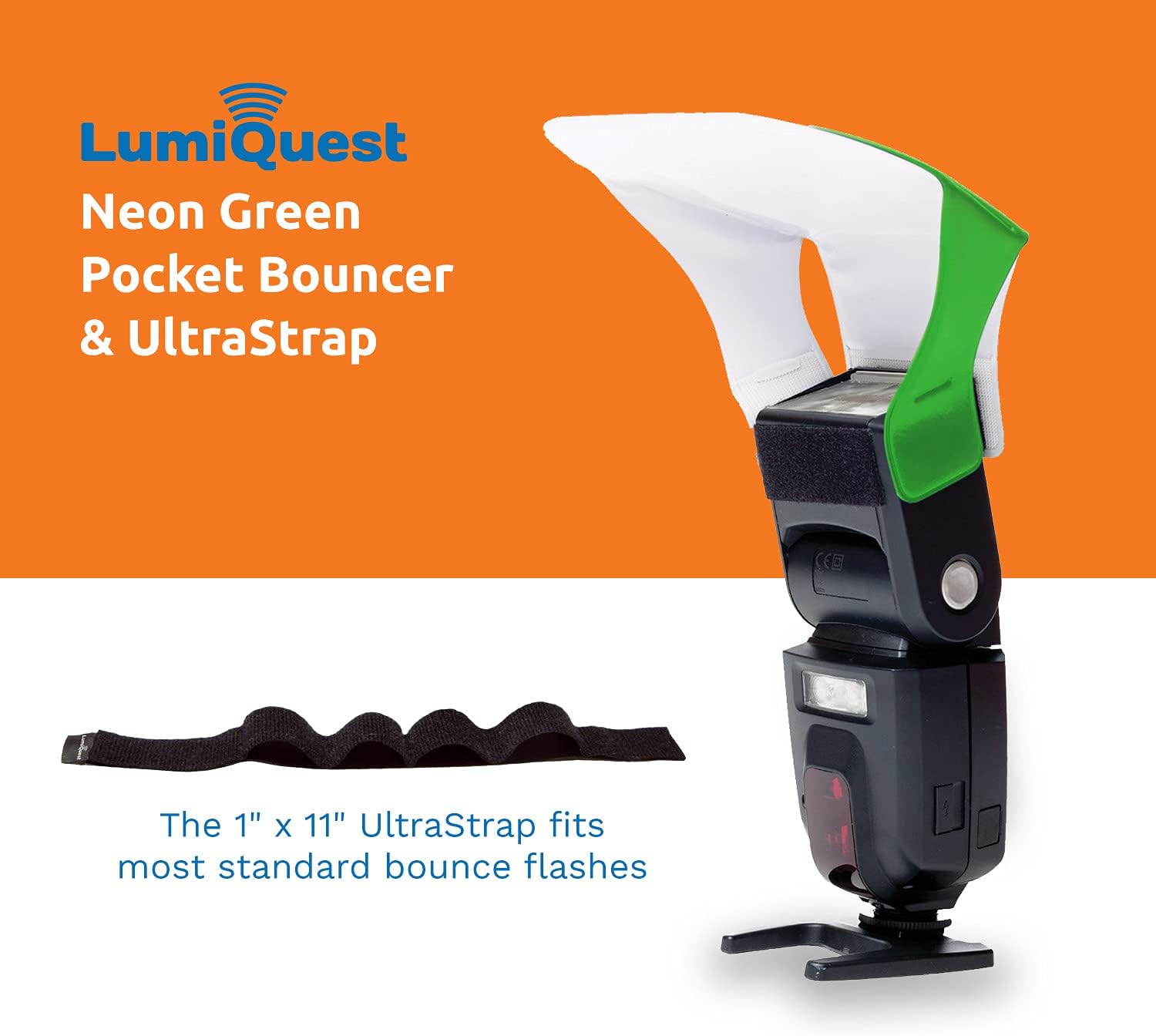 LumiQuest Flash Pocket Bouncer, Flash Diffuser with UltraStrap, Universal Classic Design for External Camera Flashes, Photography Lighting, Light for Pictures, Studio Lights, Neon Green