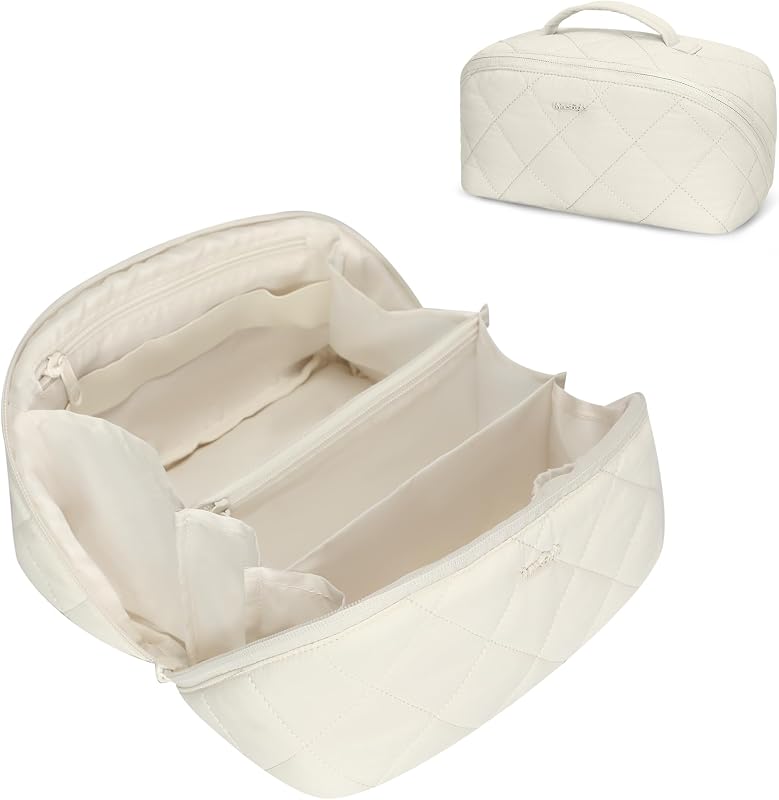 Necessaire de maquiagem Hynes Eagle em nylon, bege, com abertura ampla e compartimentos