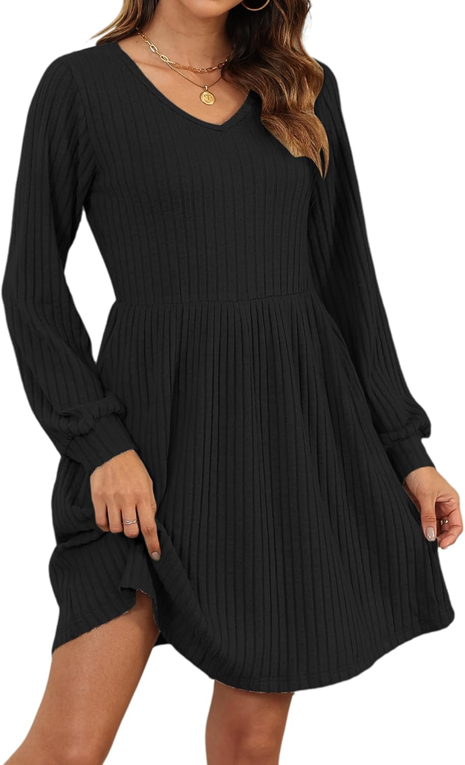 AUSELILY Womens Fall Dress 2025 Long Sleeve V Neck Short Dress Lightweight Casual Knit Sweater Dresses with Pockets