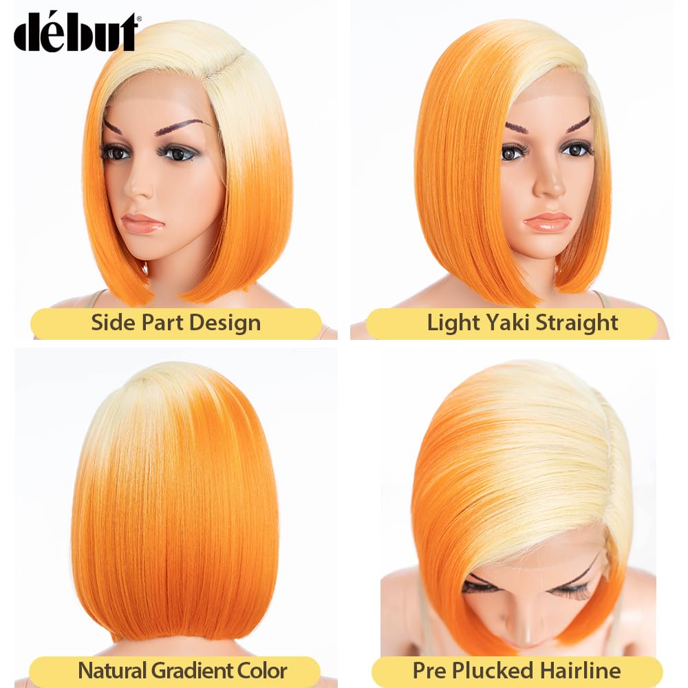 DÉBUT Ombre Blonde to Orange Bob Wigs Side Part Lace Front Wig Short Bob Lace Part with Ear to Ear Lace Front Gradient Orange Synthetic Wigs for Women