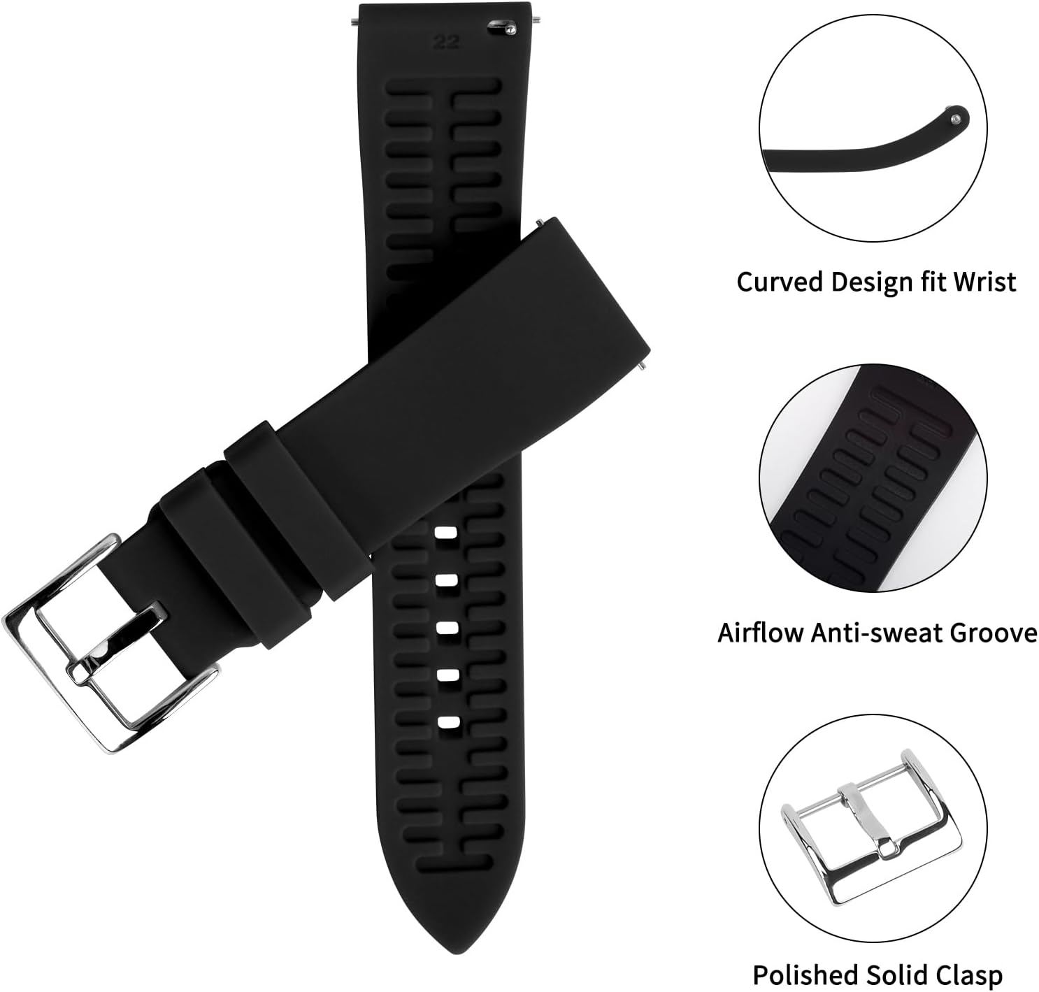 Silicone Watch Band for Men - Black Quick Release Watch Band for Women Soft - Waterproof Smart Watch Bracelet Clasp - Correa de Silicona para Reloj Replacement - 18mm 19mm 20mm 21mm 22mm 24mm - Image 4