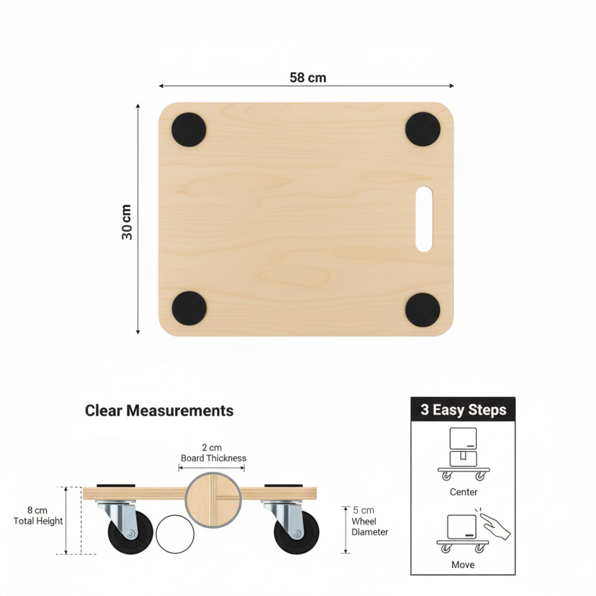 Base con Ruedas Rectangular - Plataforma con Ruedas, Carretilla De Carga, Base con Ruedas para Muebles Madera, Soporte con Ruedas para Plantas - 58x30cm (1)