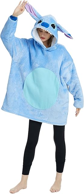 Stitch & Angel Wearable Blanket Sweatshirt Sherpa Stitch Oversized Hoodie TV Blanket with Sleeves and Pockets for Adults Men Women Teens One Size Fits All