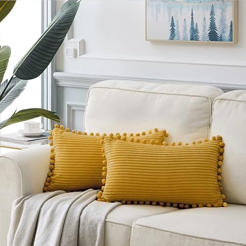 Vista 210 de Fancy Homi - Paquete de 2 fundas decorativas color gris oscuro para cojines, fundas rectangulares de pana suave y con pompones, estilo bohemio