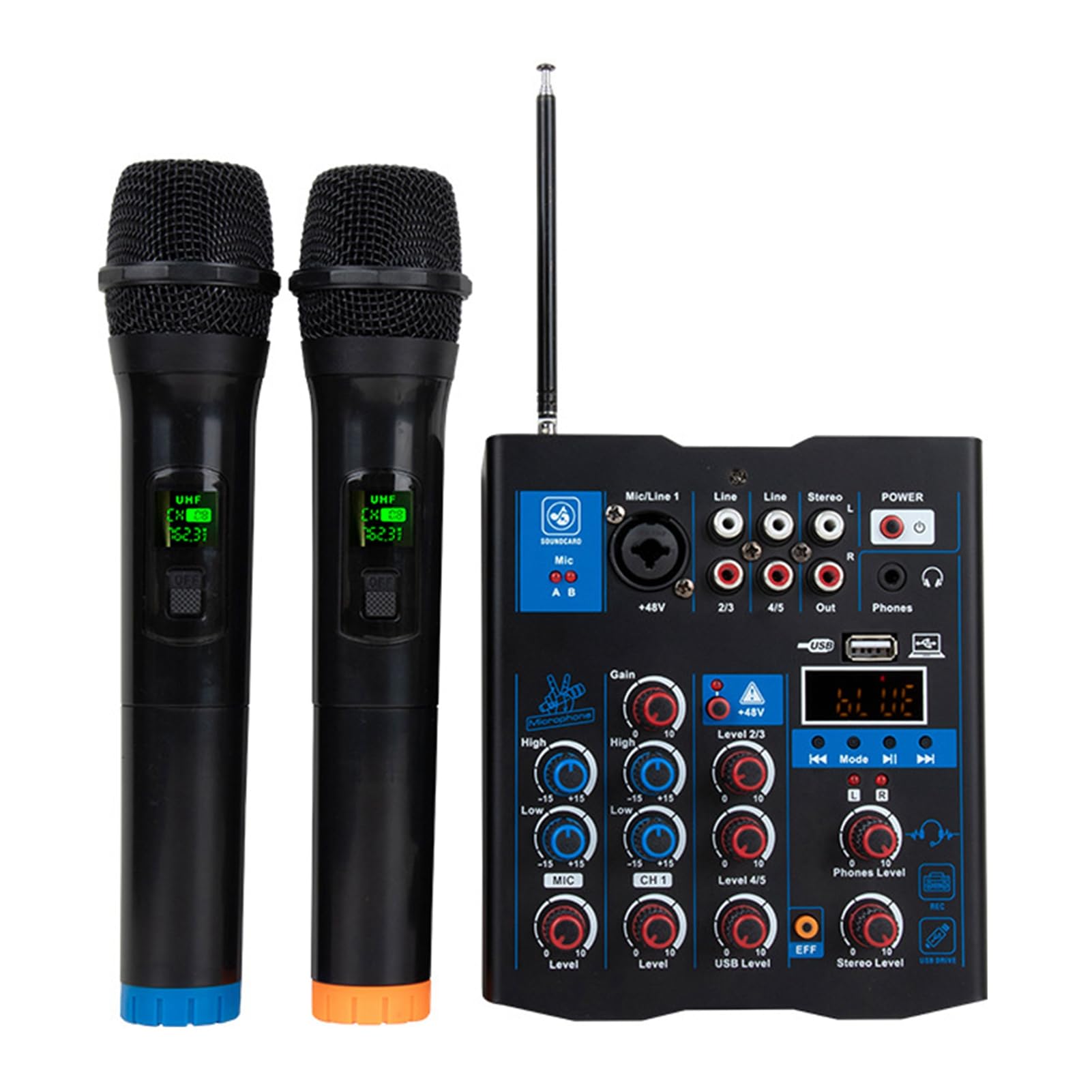 HUIOP Mixer audio professionale con doppio microfono wireless,interfaccia del sistema console della scheda audio Mixer DJ a 4 canali,adatto per altoparlante per chitarra PC DJ Karaoke,Mixer Audio Per