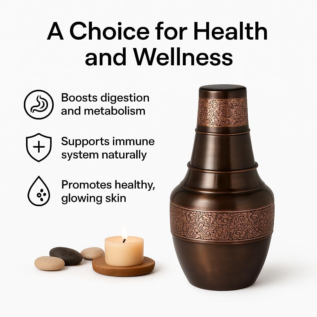 Pure Copper Bedroom Carafe Water Bottle With Inbuilt Glass, Surahi Design - Embossed Carafe for Bedside - Storage & Drink ware, Volume 1.4 Lt - 47.3 US Fluid Ounce Capacity