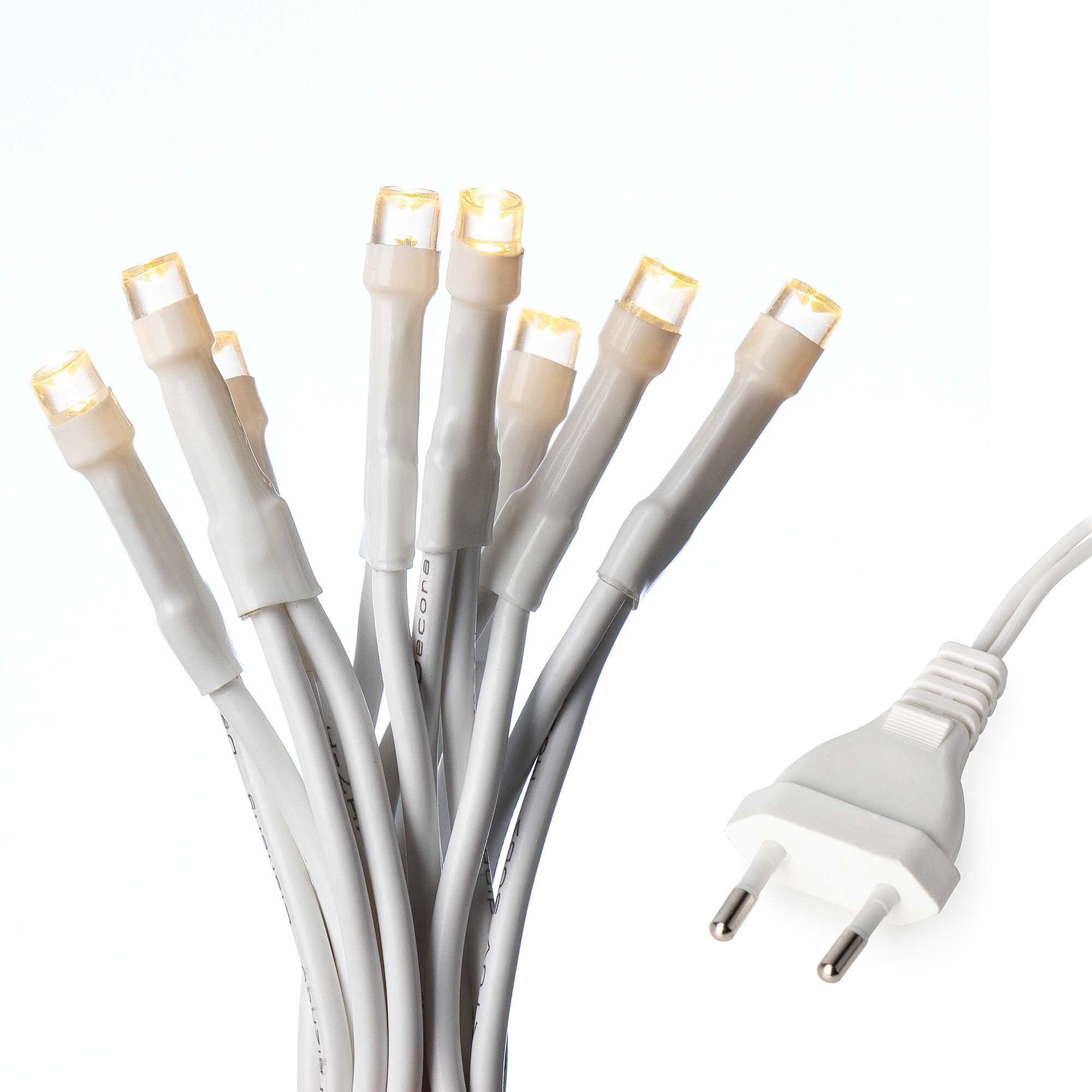 Hellum 151671 - Guirnalda de luces led (100 unidades, con enchufe y cable blanco, 100 ledes de luz blanca cálida, longitud 14,85 m < 59 lúmenes)